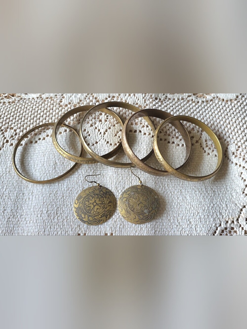 Vintage Detailed Etched Brass Bangle Stack & Matching Earrings Set